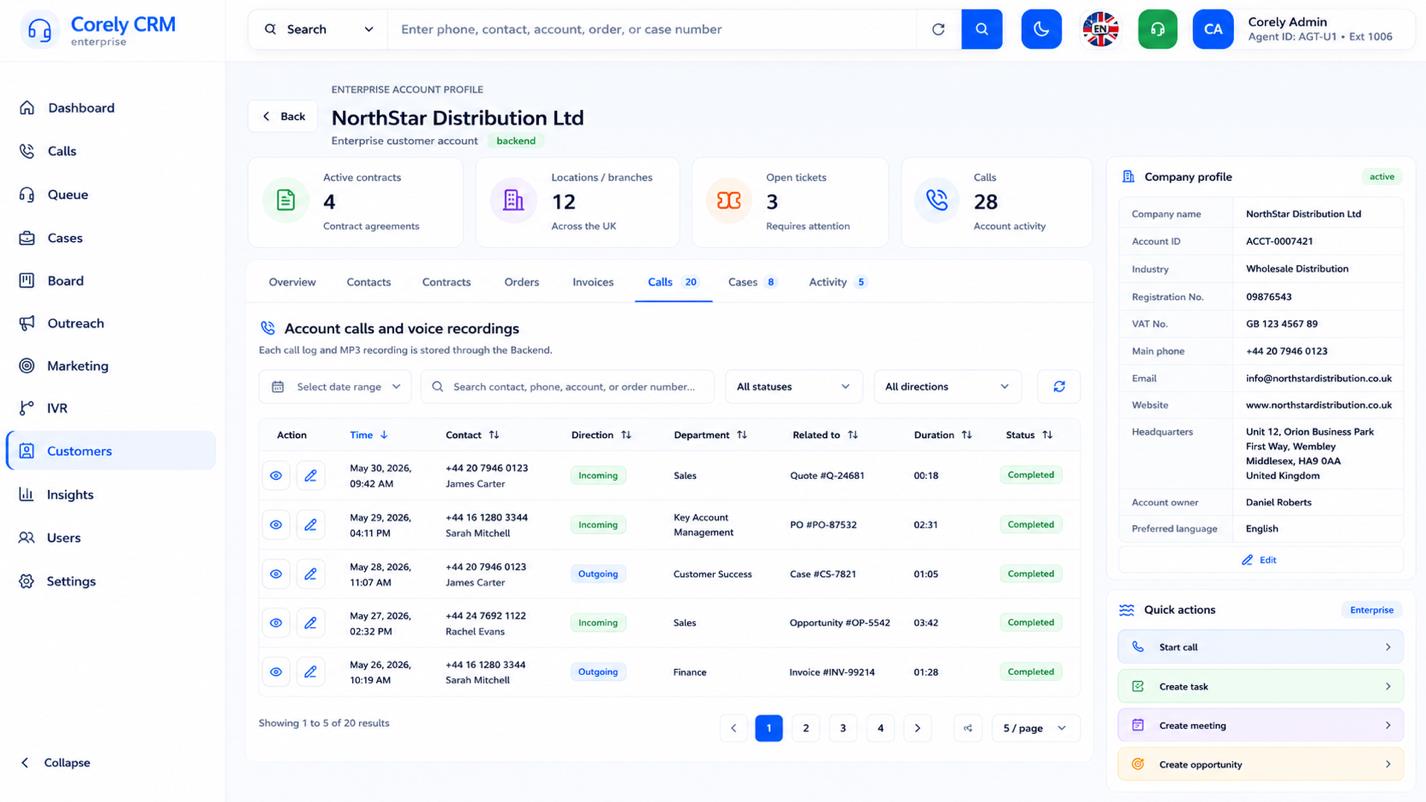 Corely Customer 360 profile with contacts, orders, activity and account details